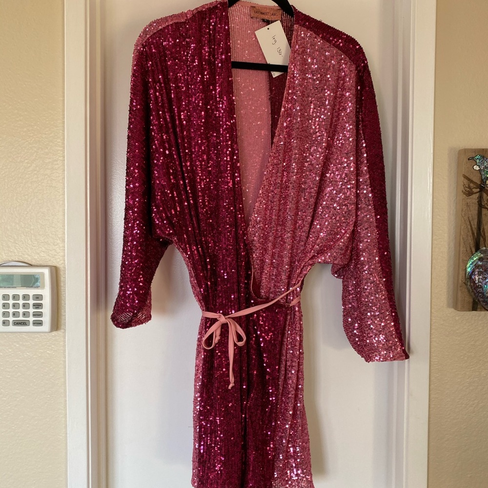 New with tags EASTWEST LABEL pink sequin wrap dress, size Large